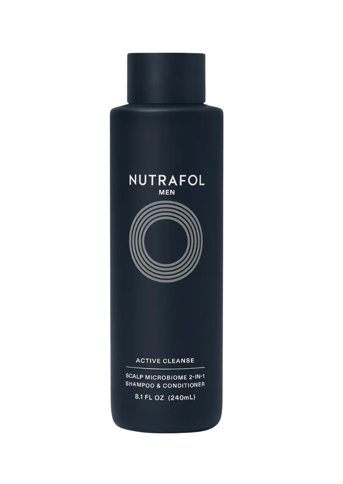 Nutrafol Men's Active Cleanse shampoo & conditioner bottle on a white background