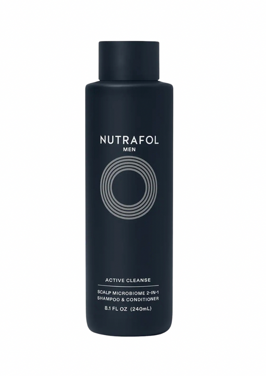 Nutrafol Men's Active Cleanse shampoo & conditioner bottle on a white background